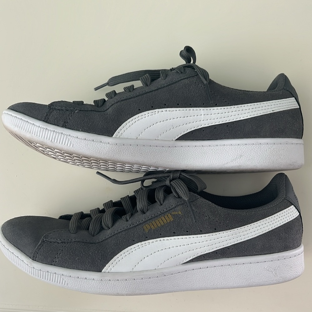 Puma Gray and White Suede Low-Top Sneakers